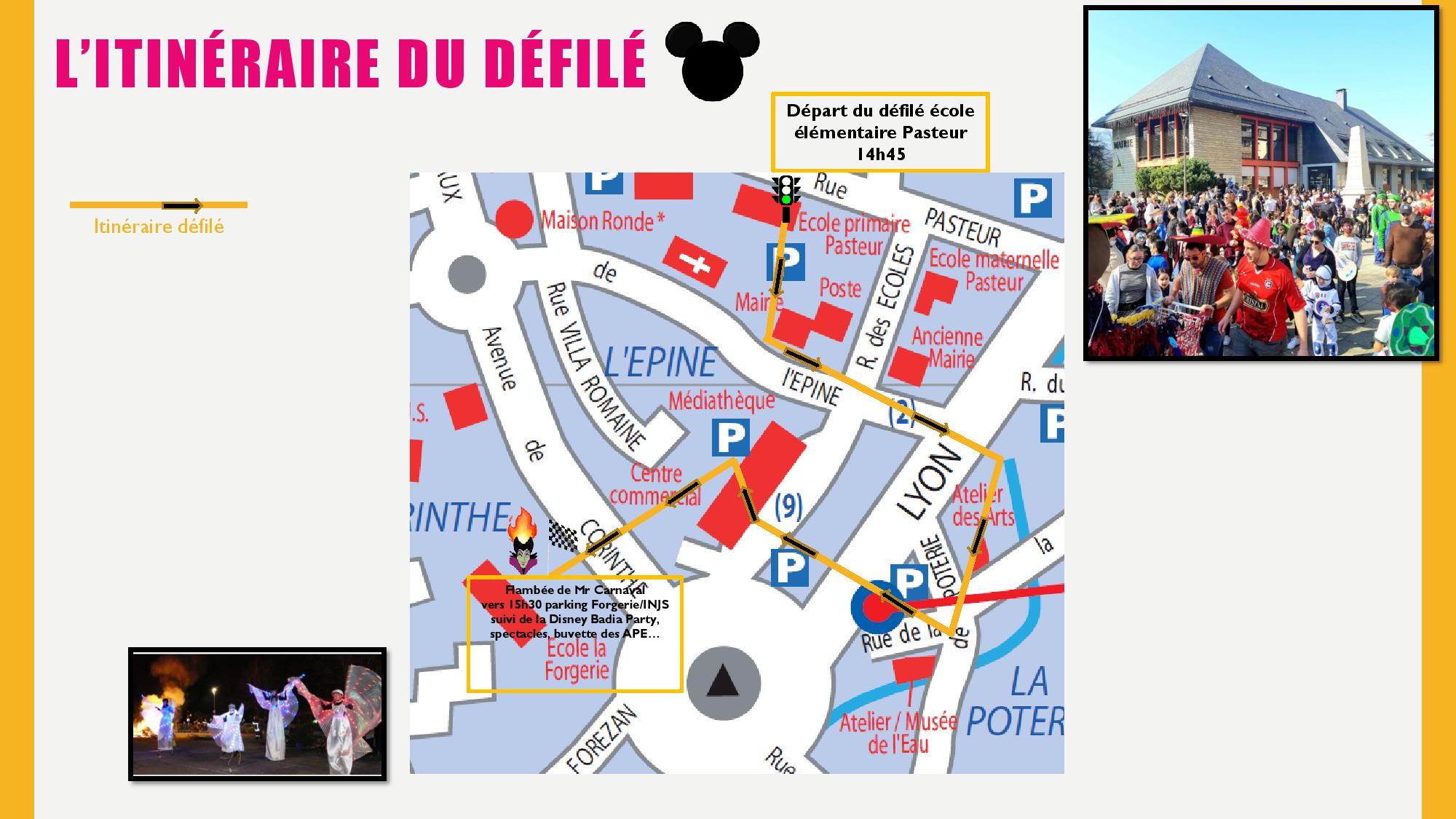 plan de l'itinéraire du défilé (au départ de l'école élémentaire Pasteur à 14h45)